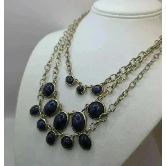 Chicos Muted Goldtone Navy Multi Strand Statement Necklace - Picture 2 of 7